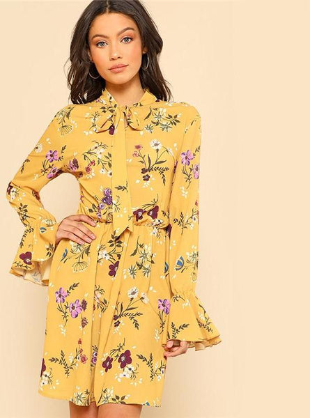 Casual Tie Neck Elastic Waist Floral Dress - waistshaper