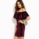 Burgundy Ruffle Off The Shoulder Short Sleeve Velvet Bodycon Mini Dress - waistshaper