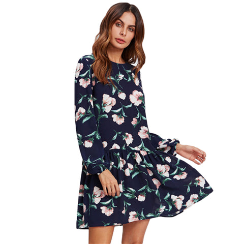 Long Sleeve Elegant Floral A Line Dress - waistshaper