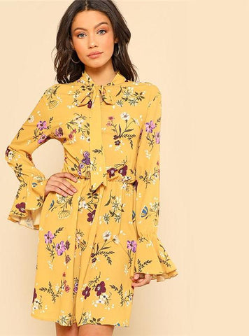 Casual Tie Neck Elastic Waist Floral Dress - waistshaper