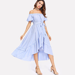 SHEIN Ruffle Trim Overlap Hem Striped Bardot Dress 2018 Summer Long Dresses Off The Shoulder Tie Waist A Line Asymmetrical Dress - waistshaper