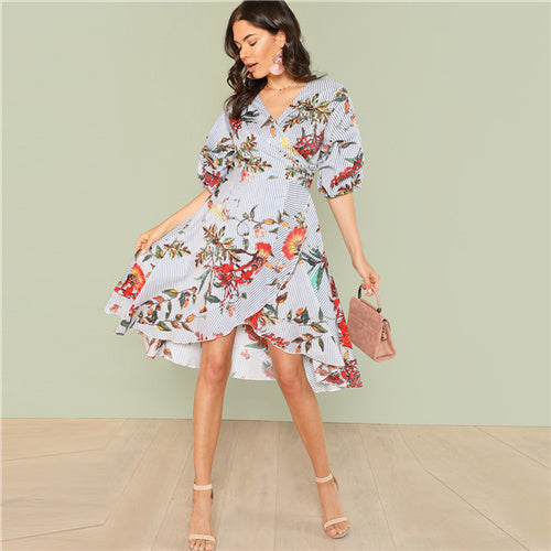 SHEIN Mixed Print Asymmetrical Ruffle Hem Surplice Wrap Dress 2018 Summer V Neck Short Bishop Sleeve Dress Women Vacation Dress - waistshaper