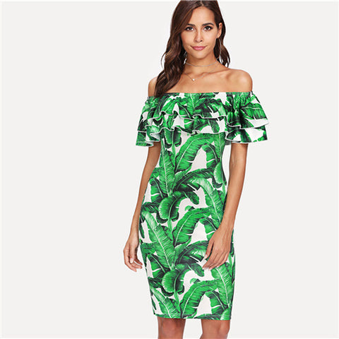 SHEIN Green Vacation Boho Bohemian Beach Tropical Print Ruffle Sleeveless Pencil Short Dress Summer Women Sexy Dresses - waistshaper