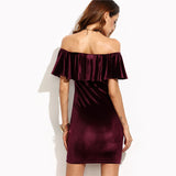 Burgundy Ruffle Off The Shoulder Short Sleeve Velvet Bodycon Mini Dress - waistshaper