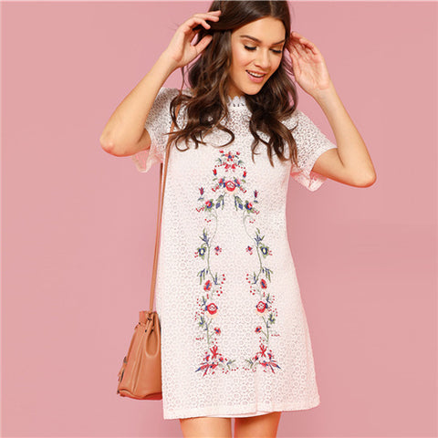 SHEIN White Flower Embroidery Sheer Circle Pattern Dress - waistshaper