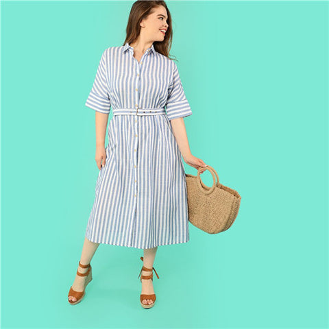 Shirt Dress Turn-down Collar Pinstripe Casual Dresses - waistshaper